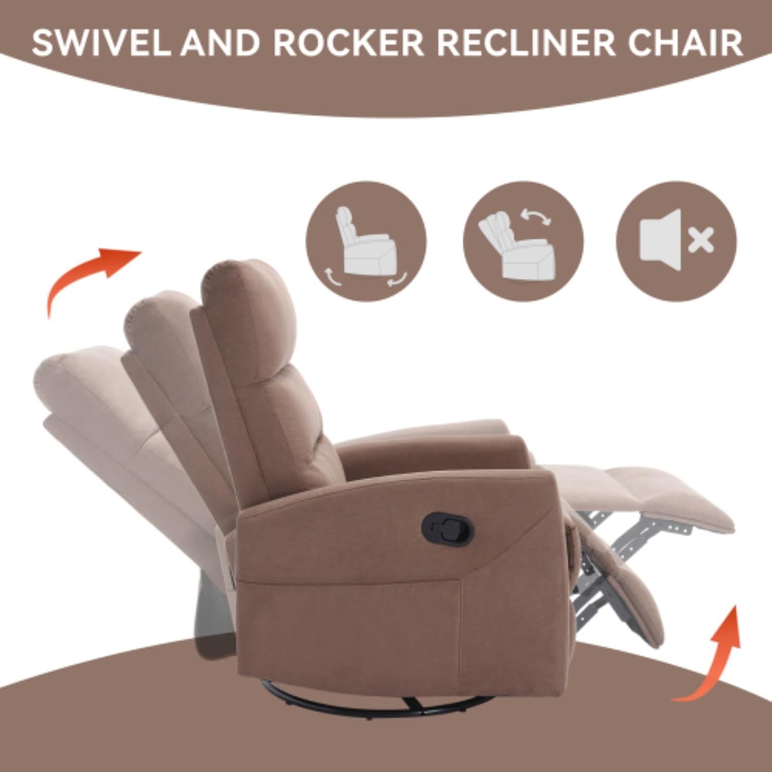 Manual Swivel Rocking Recliner Chair, Fabric Upholstered Glider Seat with 155 Degree Backrest Adjustment, Side Pull Handle, Foam Cushioned Support, Pocket Storage, Living Room Nursery (Brown)