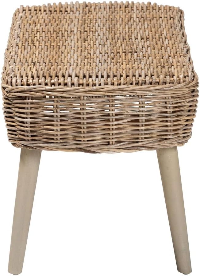 Accent Bench with Natural Kubu Rattan and Grey Acacia Wood for Living Room Entryway