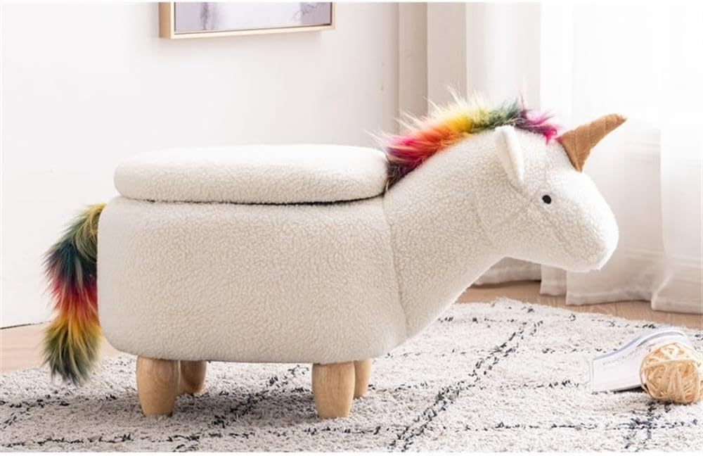 Pemberly Row Unicorn Fabric Storage Ottoman/Stool, White/Natural Finish, 15.75" H x 14.17" W x 28.74" D, Upholstered Kids Bedroom or Playroom Furniture with Cute Animal Theme and Interior Storage