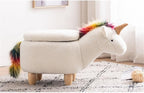 Pemberly Row Unicorn Fabric Storage Ottoman/Stool, White/Natural Finish, 15.75" H x 14.17" W x 28.74" D, Upholstered Kids Bedroom or Playroom Furniture with Cute Animal Theme and Interior Storage