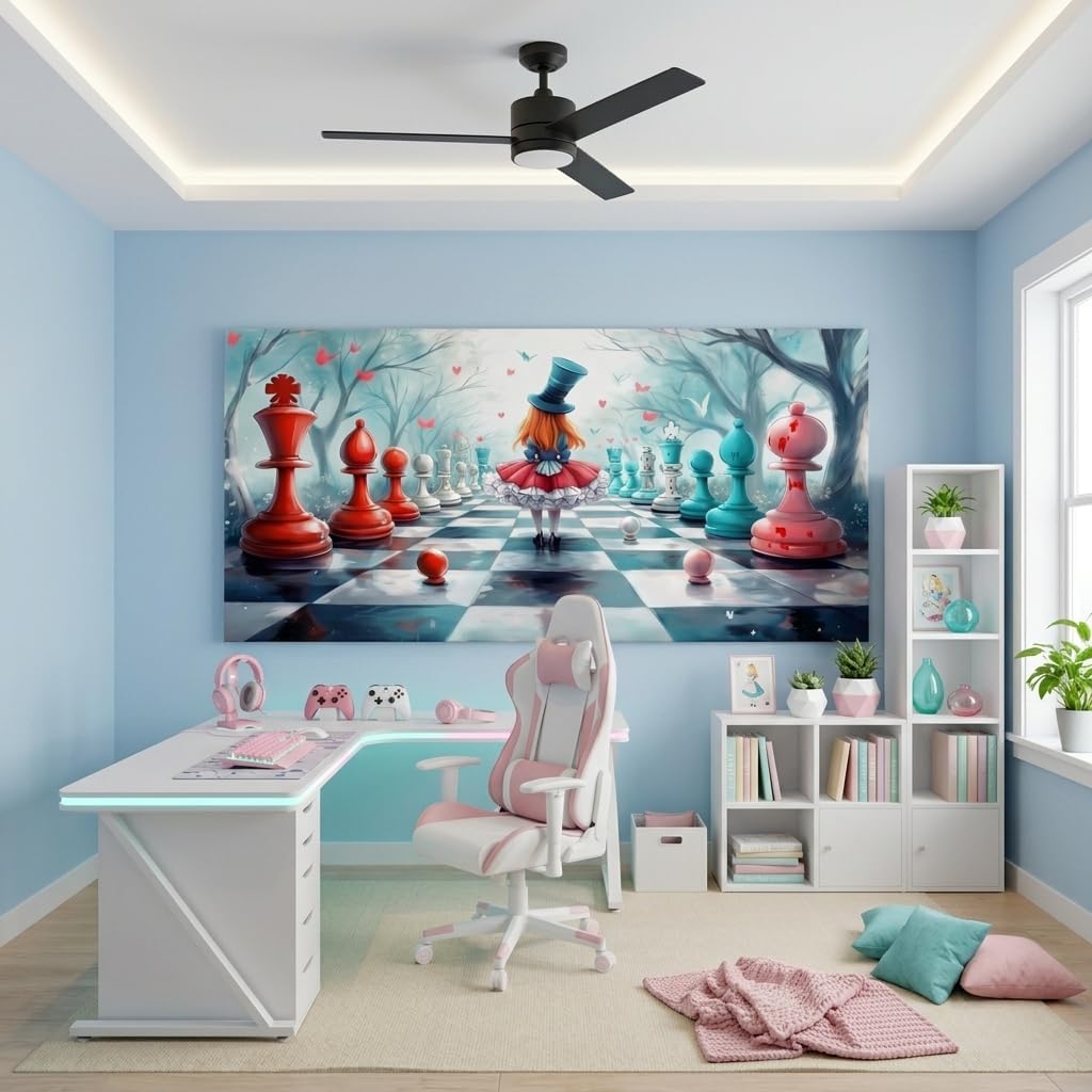ZESTRILIA Alice in Wonderland Chess Canvas Wall Art, Fantasy Surrealist Whimsical Fairy Tale Decor for Living Room, Girls Bedroom Family Room (40x20 Inches)
