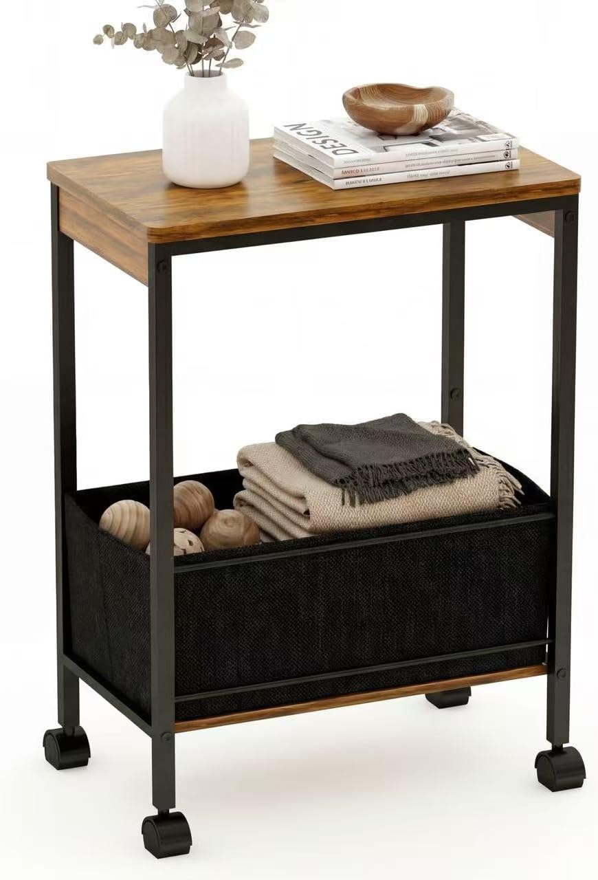 Rustic Brown Rolling Side Table with Storage Basket, Narrow End Table on Wheels for Small Spaces, 15.75" D x 9.84" W x 22.05" H Sofa Side Table with Fabric Bin for Living Room and Bedroom