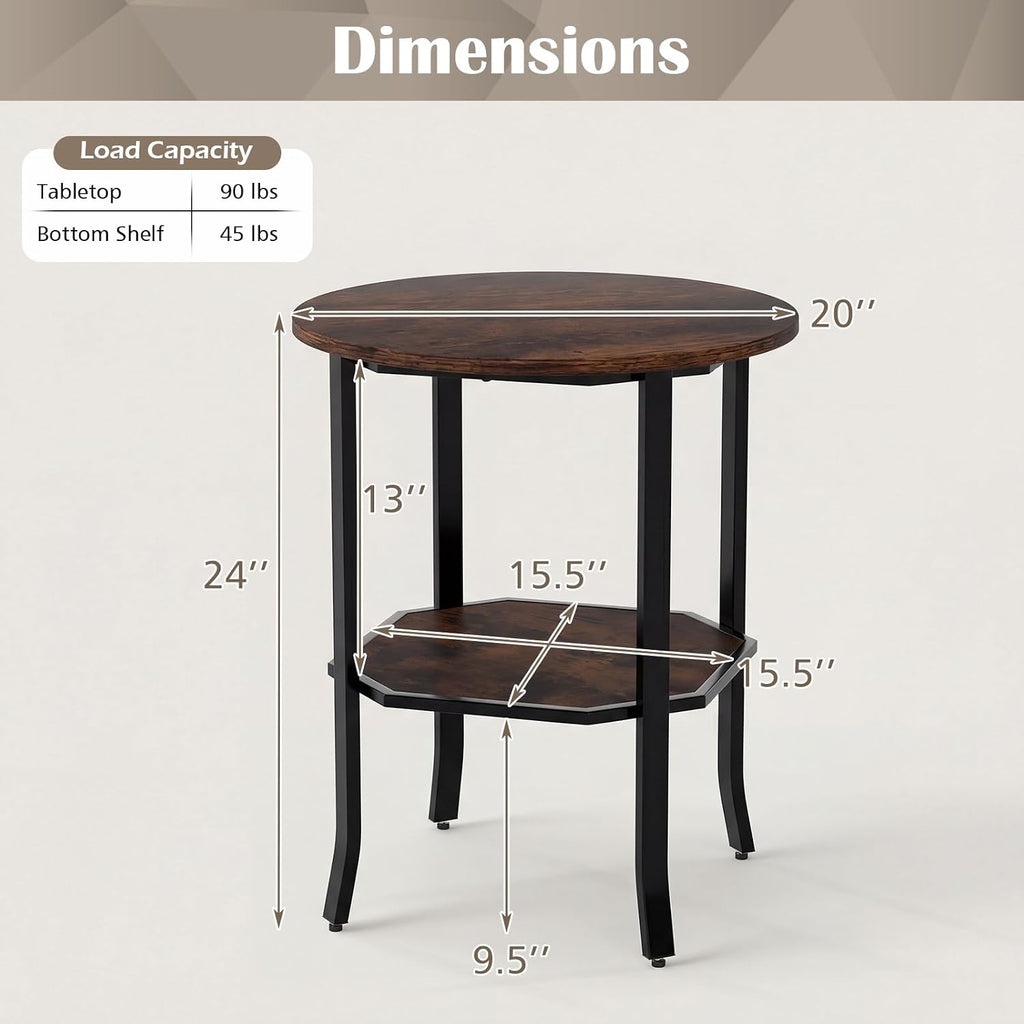 Giantex Round Side Table Set of 2, 2-Tier Small Sofa Couch End Table with Storage Shelf & Steel Frame, Wood Bedside Night Stand for Small Space Bedroom Living Room (Rustic Brown)