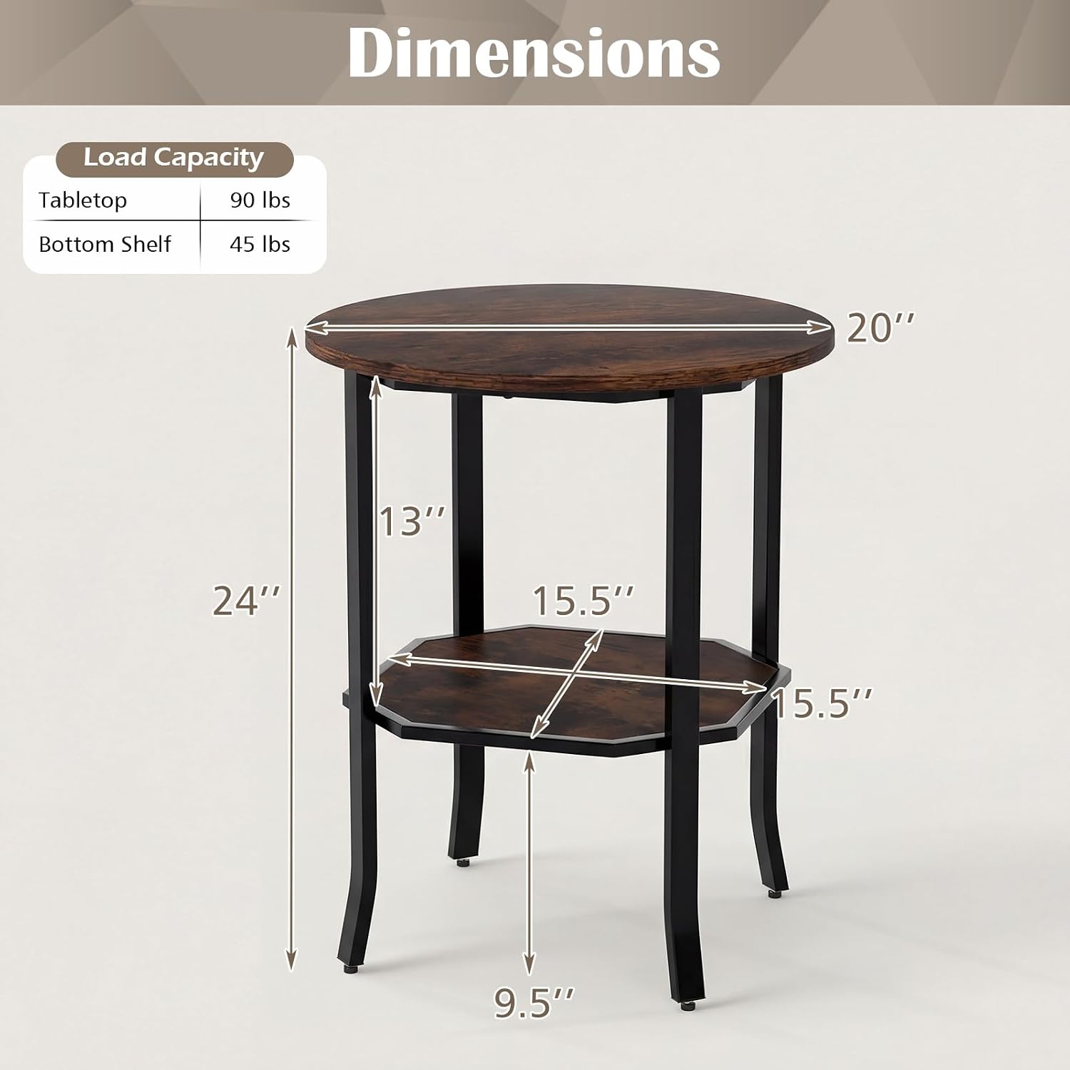 Giantex Round Side Table Set of 2, 2-Tier Small Sofa Couch End Table with Storage Shelf & Steel Frame, Wood Bedside Night Stand for Small Space Bedroom Living Room (Rustic Brown)