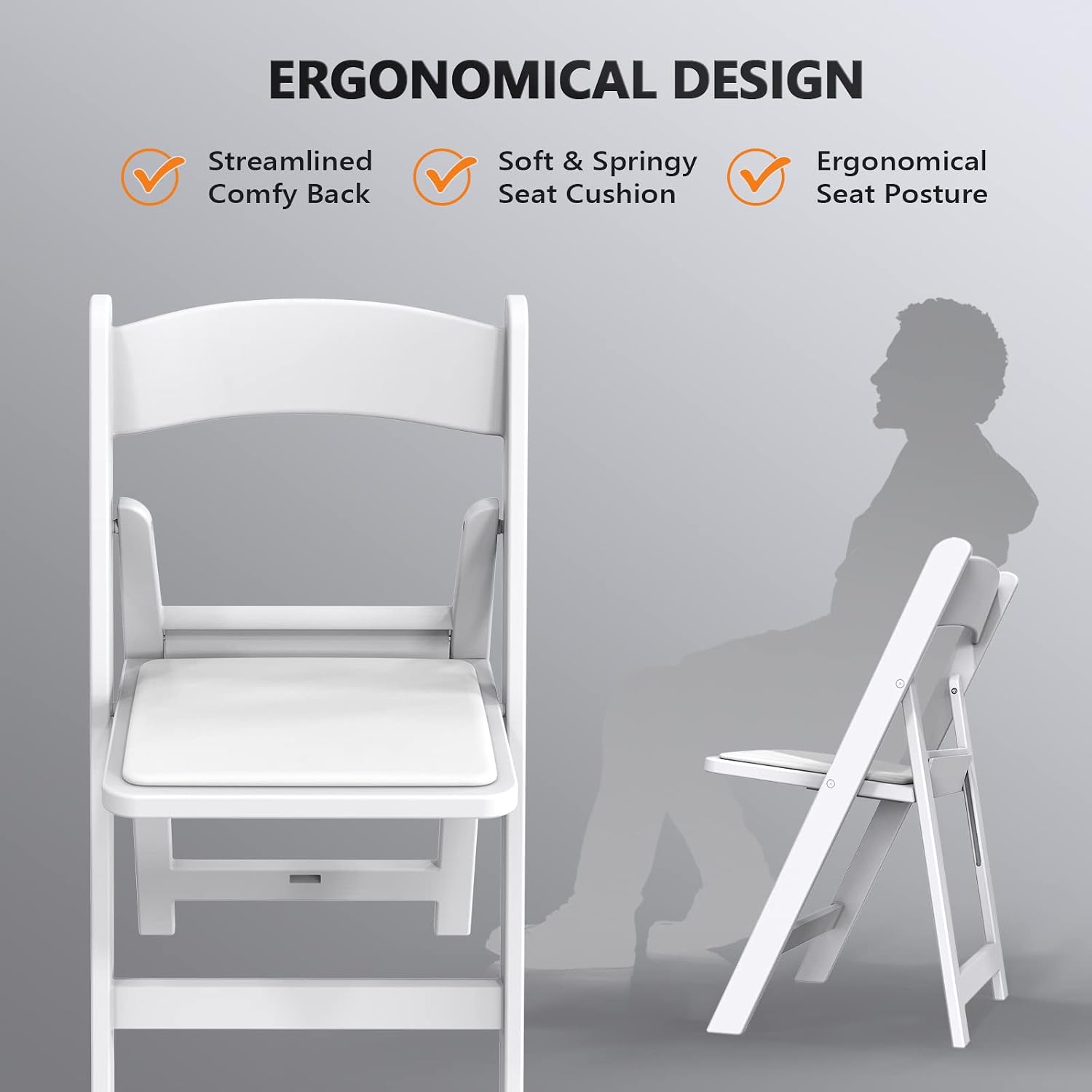 VINGLI White Resin Folding Chair with Padded Cushion, Set of 1, Plastic Foldable Seat for Indoor & Outdoor Use, Comfortable Design for Events, Parties & Home (1, White, M)