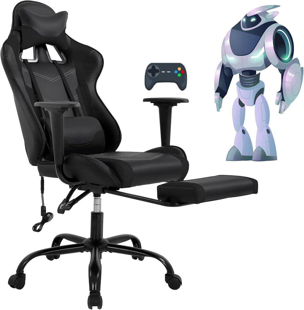 Gaming Desk Chair - High Back Computer Ergonomic Massage PC Racing Chair With Waist Support, Retractable Foot Pedal, PU Leather Recliner, Rolling Adjustable Swivel for Women Men