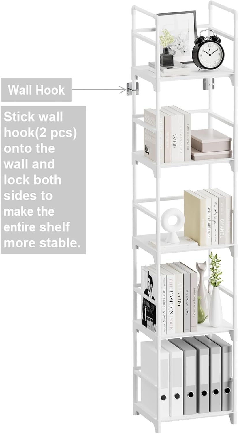 FIDUCIAL HOME 5 Tiers Narrow Bookshelf White Skinny Book Shelf Slim Thin Open Bookcase Small Spaces for Space Saving Easy Assemble