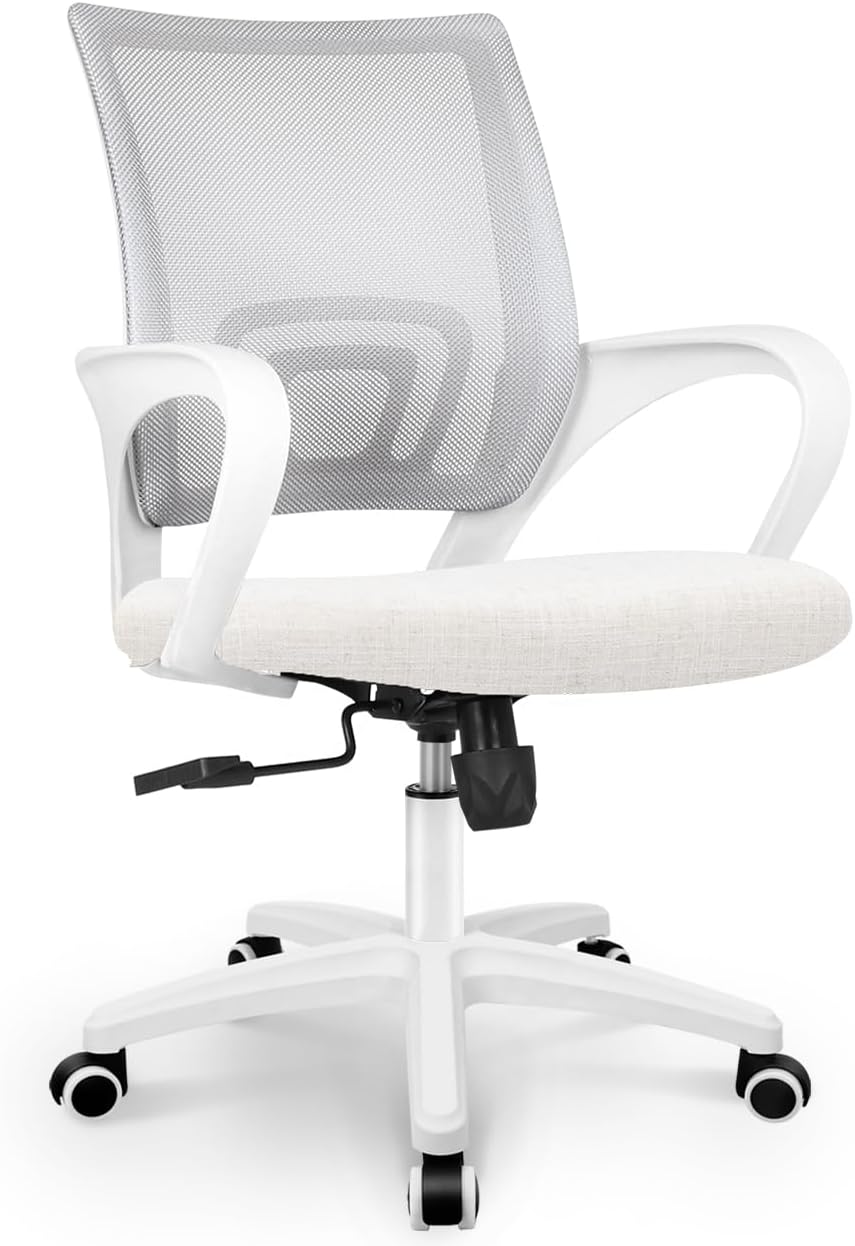 NEO CHAIR Office Desk Computer Chair Ergonomic Mesh Gaming Cushion Seat with Comfy Lumbar Mid Back Support Adjustable Height Swivel Rolling Wheels for Home Task (Ivory)