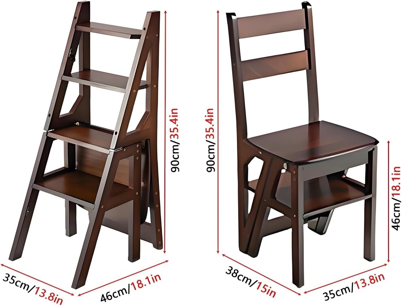 Aimery Library Ladder Chair, 2 in 1 Portable 4-Step Ladders, Wood Foldable Stool for Home, Library, Office(Dark Walnut,A)