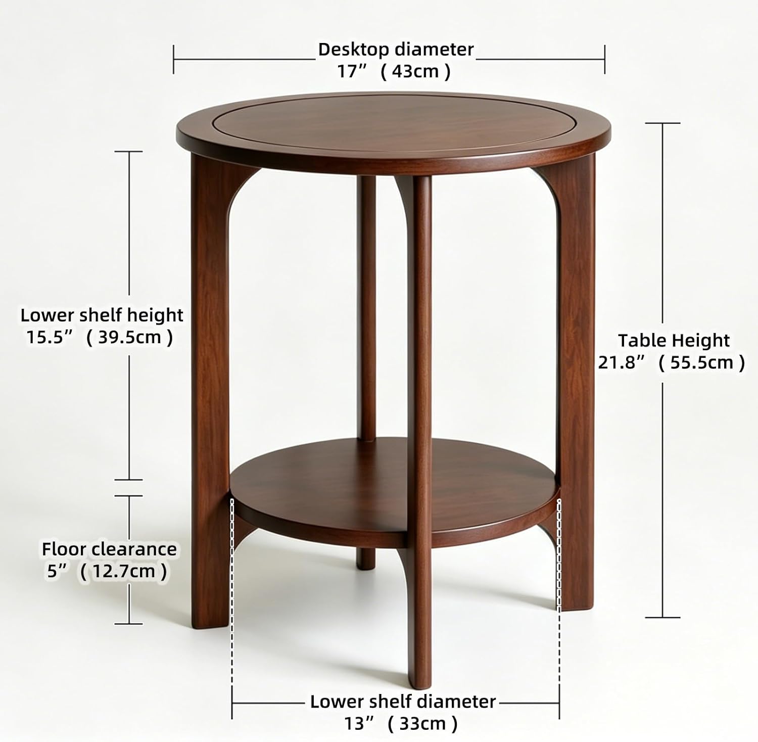 Small Round Side Table, 2-Tier Solid Wood End Table, Mid Century Modern Nightstand for Living Room, Bedroom, Easy Assembly (Walnut)