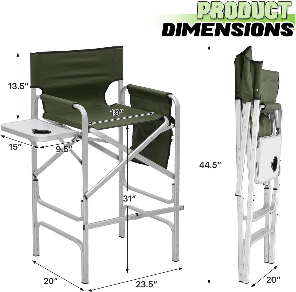 Magshion Tall Director Chair for Vendors & Makeup Artists, 31" Seat Height, 250 lbs Capacity, Portable Folding Chair w/Side Table, Side Pocket & Cup Holder for Booths, Craft Fairs, Camping, Dark Green