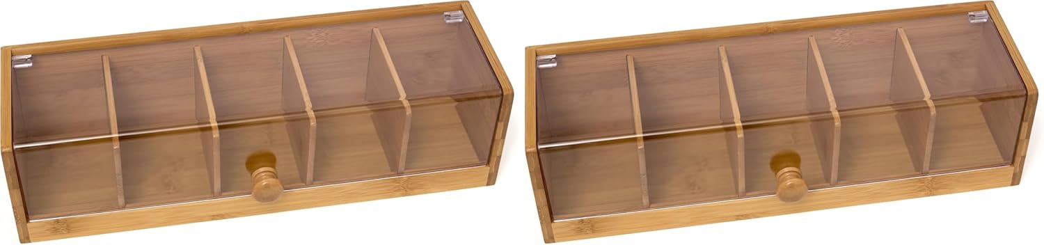 Lipper International 8187 Bamboo Wood and Acrylic Tea Box with 5 Sections, 14" x 5" x 3-3/4" (Pack of 2)
