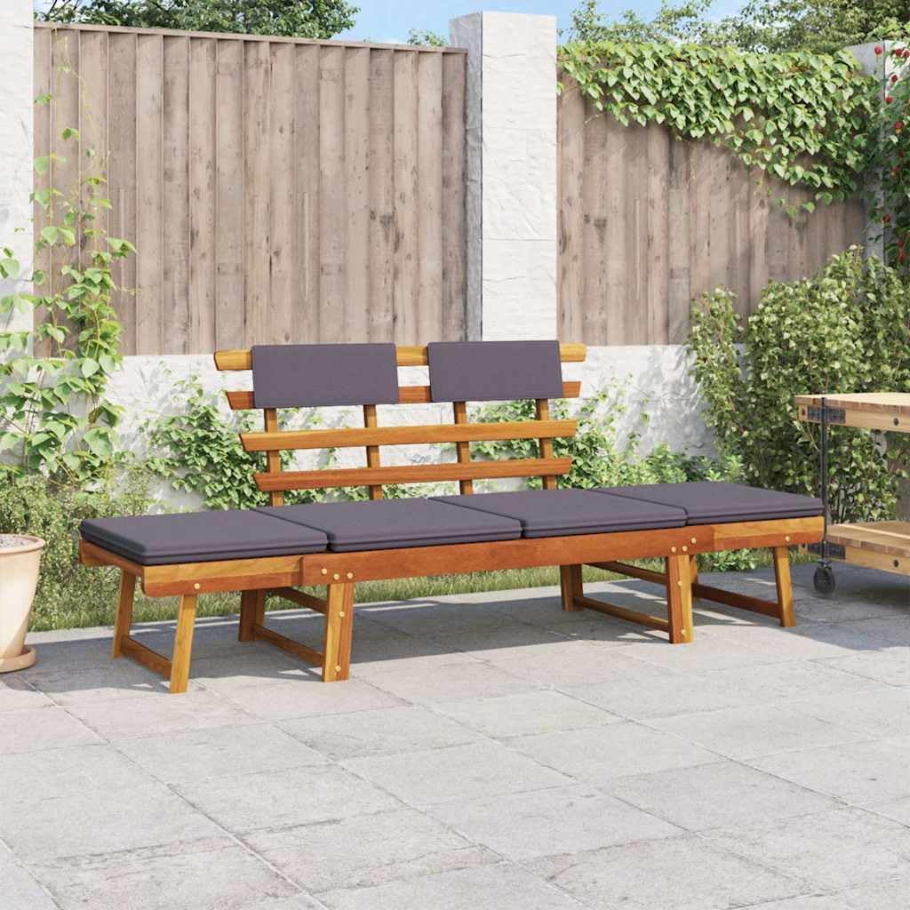 Outdoor Acacia Wood Daybed for 2, Convertible Garden Lounge Bench with Adjustable Armrests and Dark Grey Cushions for Patio, Backyard, and Terrace