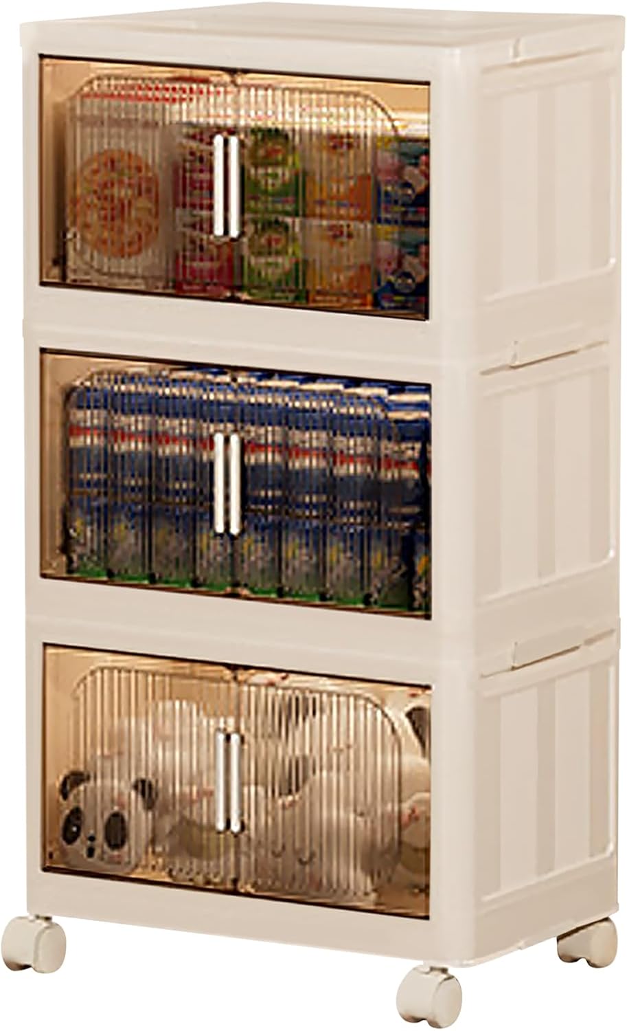 Stackable Organizer Drawers with Wheels, Foldable Plastic Storage Bins for Clothes/Dorm Room Double Door Cream Rolling Cabinet Height (Reinforce Stripe: 3 Clear, 19.8"D x 11.8"W x 31.1"H)