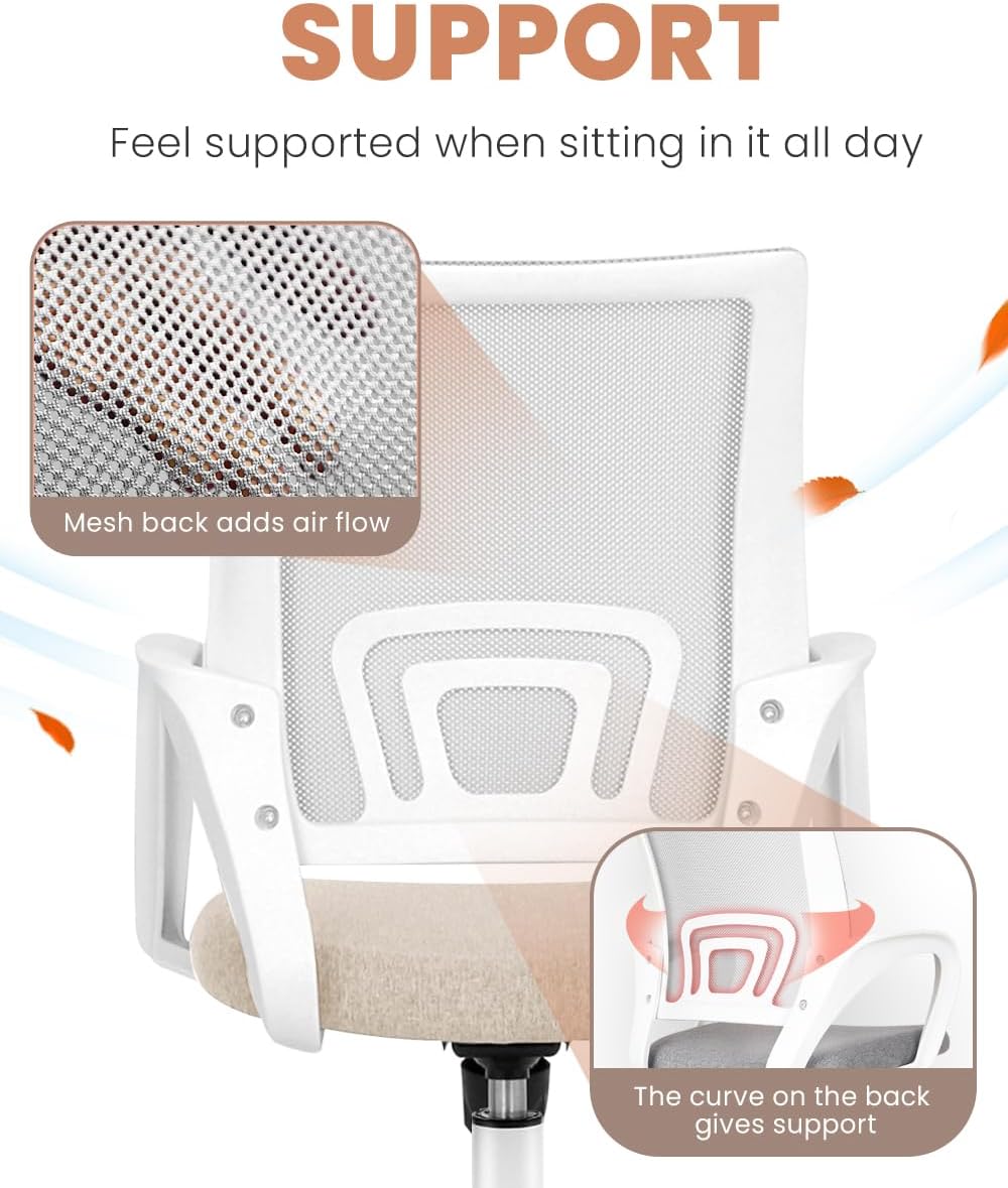 NEO CHAIR Office Desk Computer Chair Ergonomic Mesh Gaming Cushion Seat with Comfy Lumbar Mid Back Support Adjustable Height Swivel Rolling Wheels for Home Task (Beige)