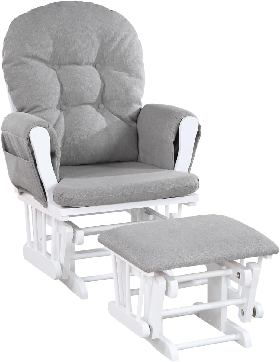 Mason Glider and Ottoman - White Wood, Oyster Fabric Comfort for Nursery or Living Space