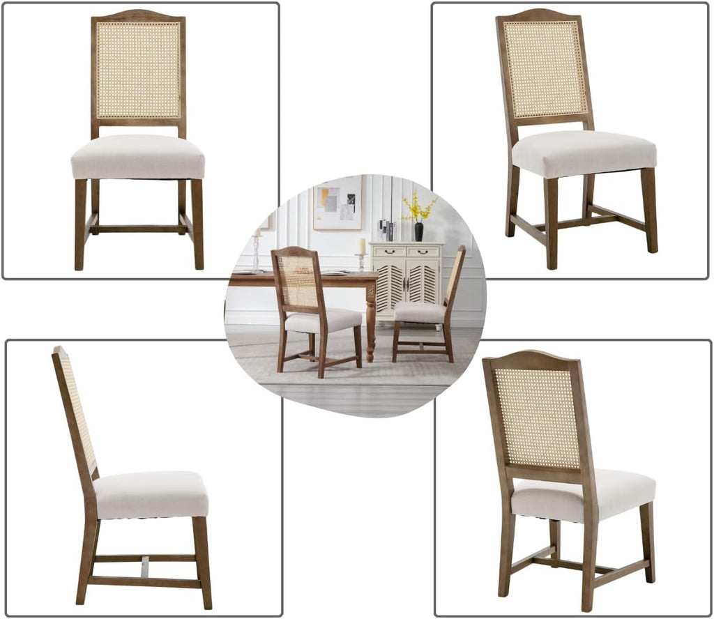EALSON Rattan Dining Chairs Set of 4 Mid Century Modern Linen Upholstered Fabric Dining Room Chairs with Cane Back and Natural Wood Legs for Kitchen/Restaurant, Beige
