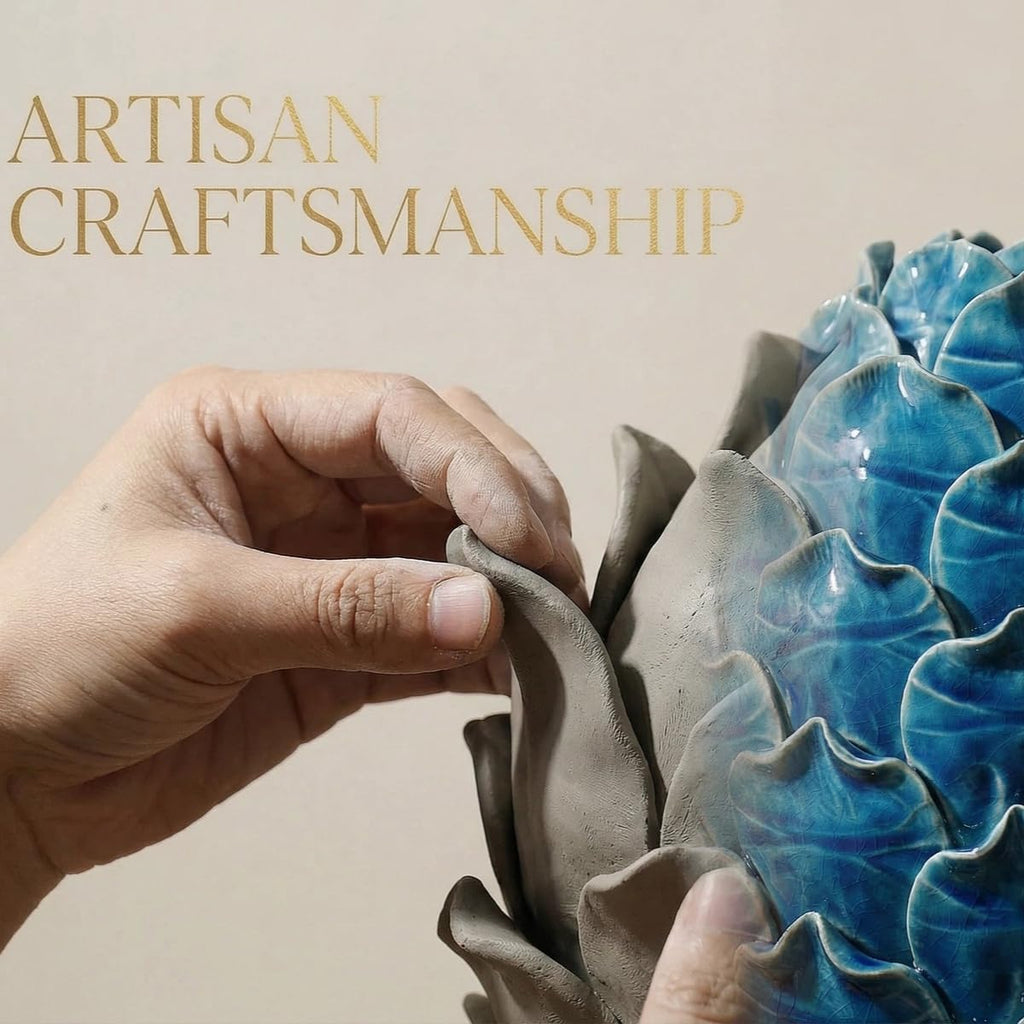 Blue Ceramic Artichoke Statue | Unique Artisanal, Decorative Sculpture, For Living Room, Office, Bookshelf