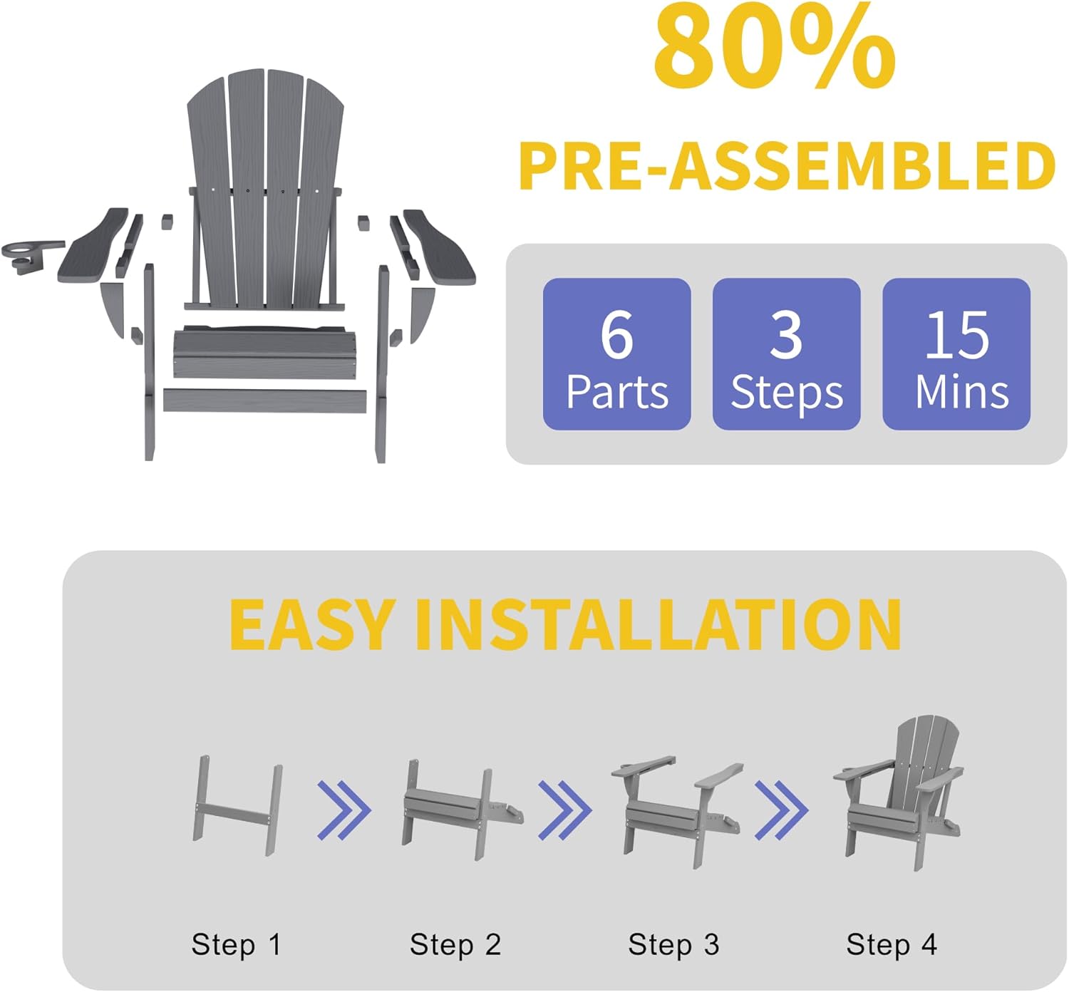Kingdura Foldable Adirondack Chairs Set of 4, Portable HDPE All Weather Resistant Outdoor Patio Chair, Wooden Textured with Cup Holder, 380LBS Capacity for Poolside, Backyard, Deck, Fire Pit (Grey)