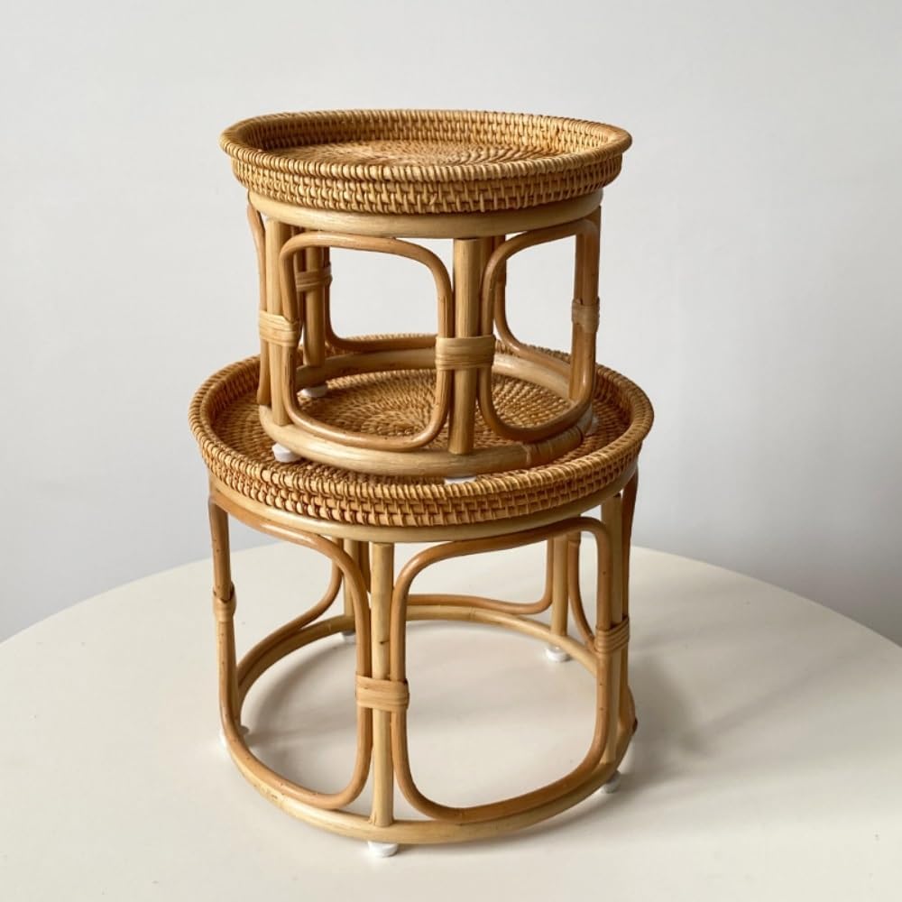 Bohemian Rattan Side Table, Round Wicker Accent Table, Small Bamboo End Table for Living Room, Balcony, or Bedroom Décor(Large)