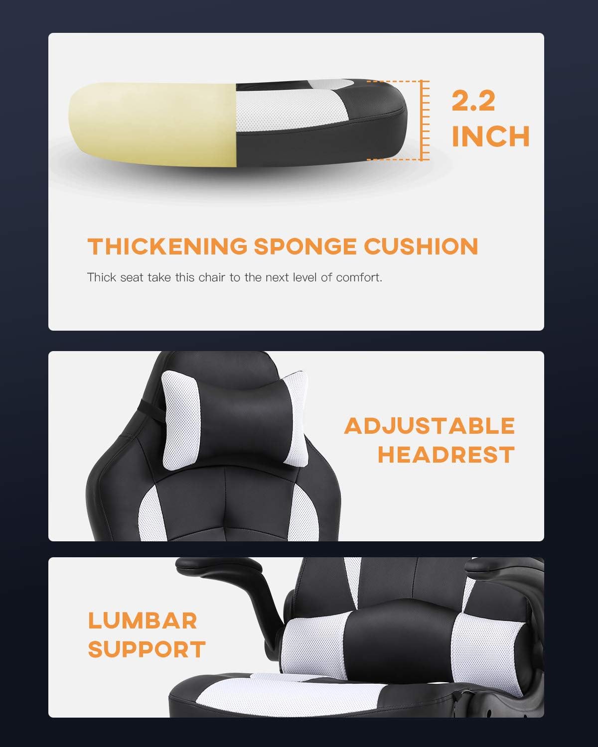 Vnewone Computer Gaming Chair Office PC Ergonomic Executive Desk Racing Rolling Swivel Task PU Leather with Lumbar Support Headrest Adjustable Armrest Massager, White