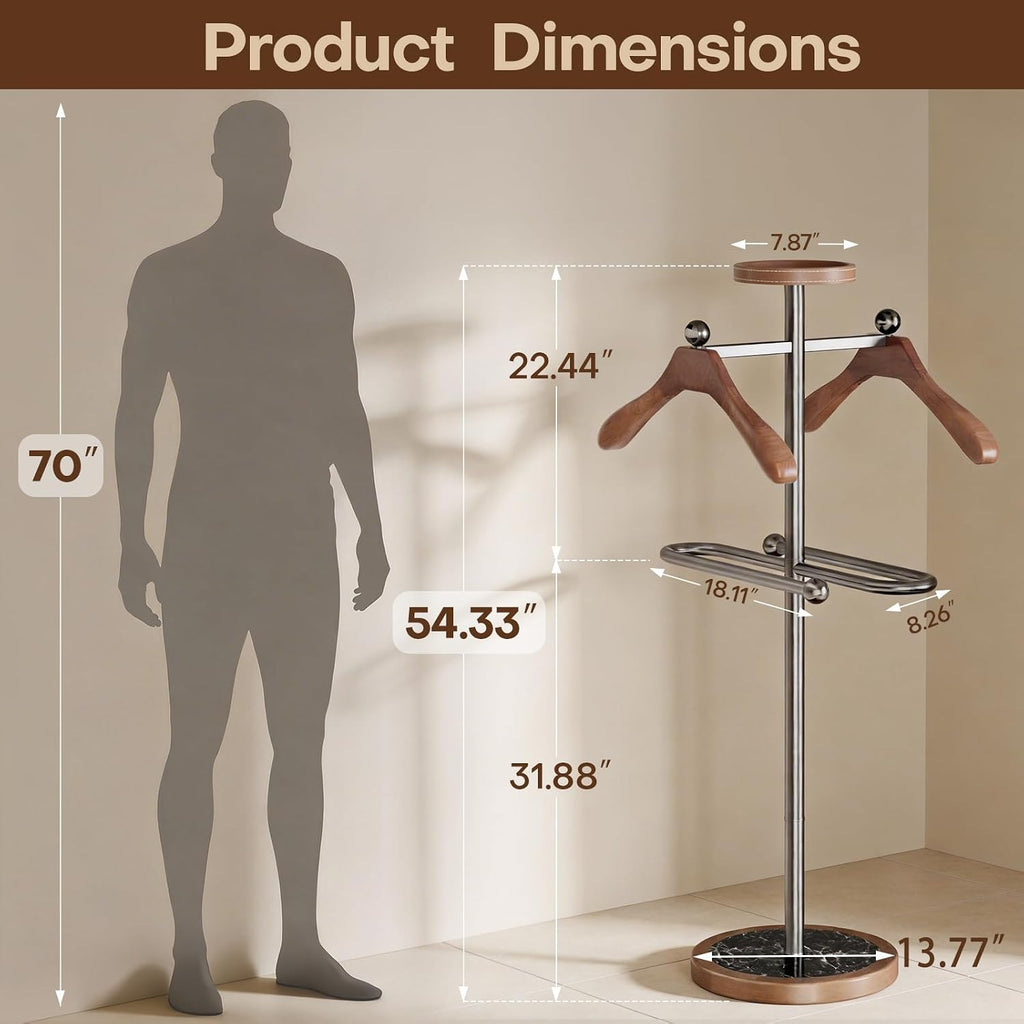 Suit Valet Stand with 2 Wooden Hangers & Storage Tray, Stainless Steel Frame, Solid Natural Marble Base, Freestanding Clothing Valet for Men, Bedroom, Office, Entryway (12.6 x 54.33 in)
