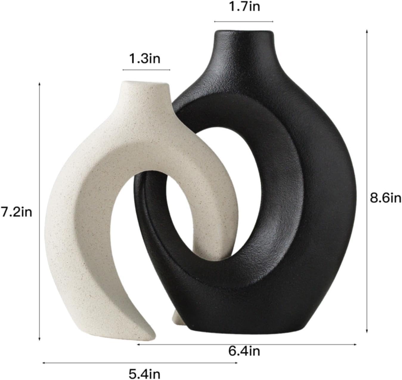 Black and Off-White Hollow Ceramic Vase Set of 2, Nordic Minimalist Aesthetic Snuggle Vases for Table Centerpiece Dining Living Room Book Shelf Decoration (W 6.3" X H 8.4")