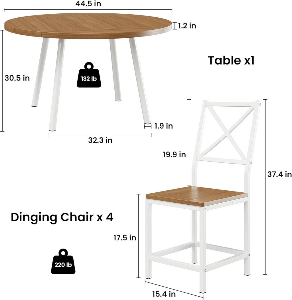 IRONCK Round Dining Table Set for 4, Extendable Kitchen Table with 4 Chairs, 44.5" Drop Leaf Desk, Folding for Small Space, Apartment, Natural Wood