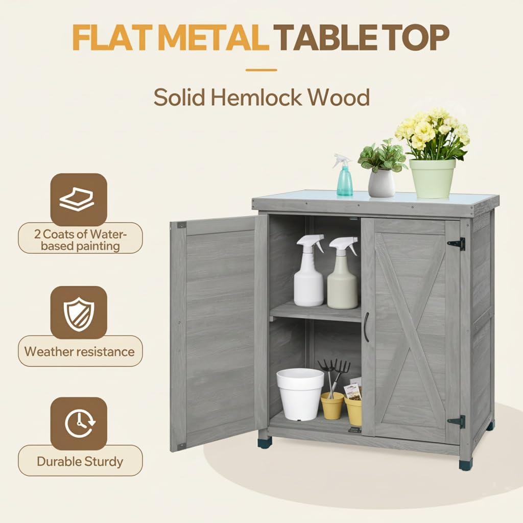31" Weatherproof Small Storage Cabinet, Storage Cabinets with Hemlock Wood, Tool Cabinet with Magnetic Door for Patio & Garage, Gray