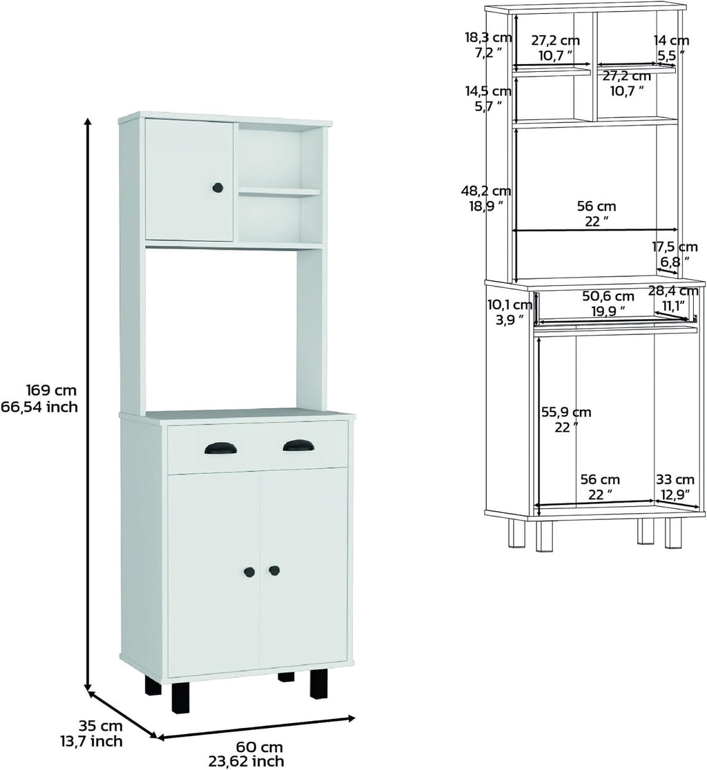 67" H with 5-Tier Storage Shelves and 2 Doors, White,for Kitchen