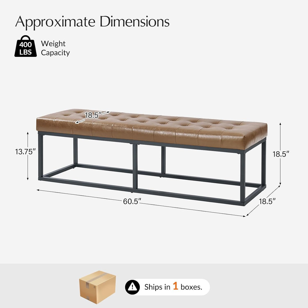 60.5" Faux Leather Bench with Button Tufted Seat, Mid-Century Modern Upholstered End of Bed Bedroom Benches, Oversized Entryway & Dining Room Ottoman with Metal Base, Camel