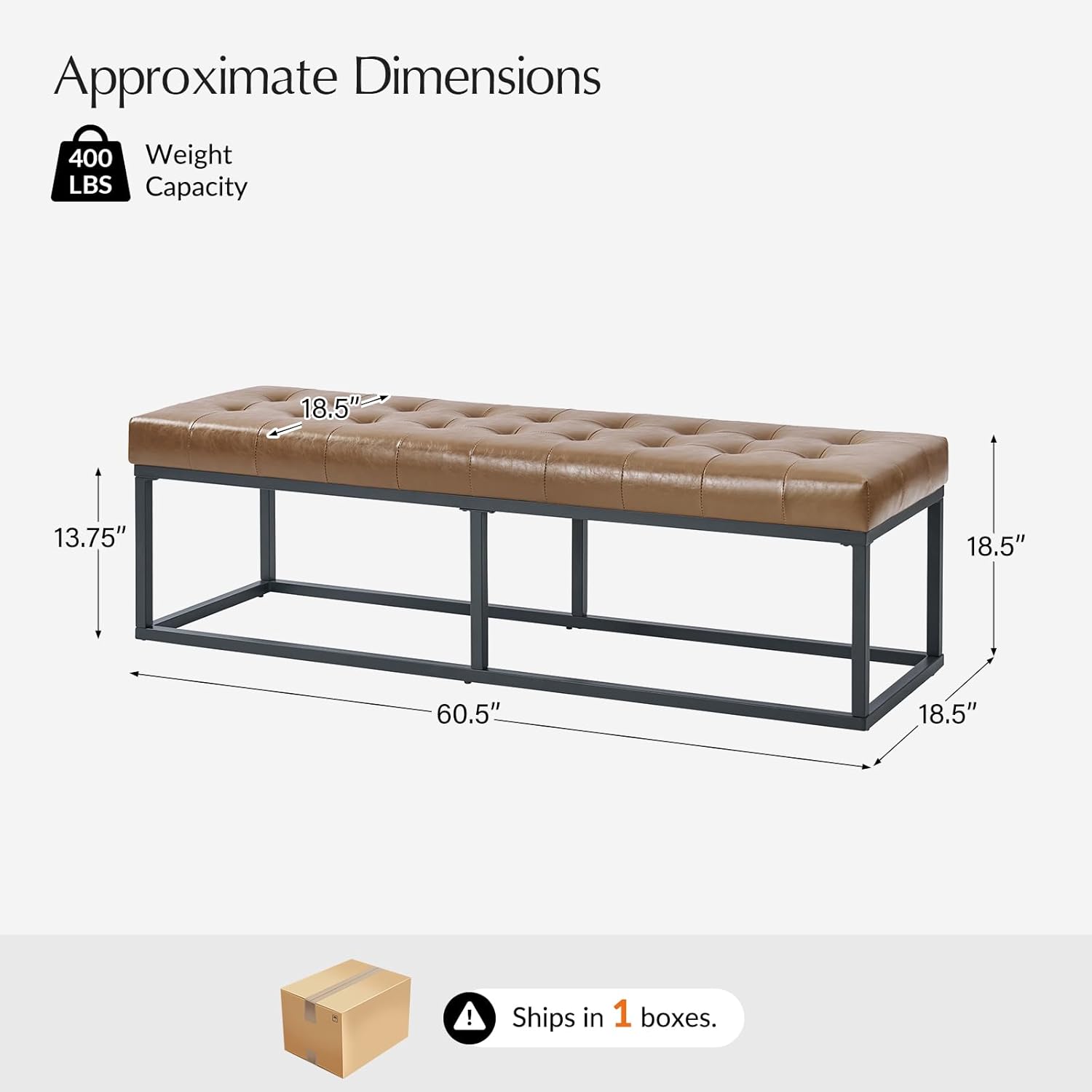 60.5" Faux Leather Bench with Button Tufted Seat, Mid-Century Modern Upholstered End of Bed Bedroom Benches, Oversized Entryway & Dining Room Ottoman with Metal Base, Camel