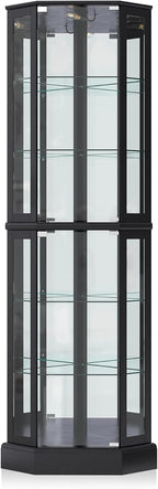 BELLEZE Lighted 3-Side Glass Display Curio Cabinet with Tempered Glass Doors and Shelves, Curved Wood Corner Cabinet with Bulb, Corner Curio Storage Rack for Bar and Liquor Storage - Ashfield (Black)