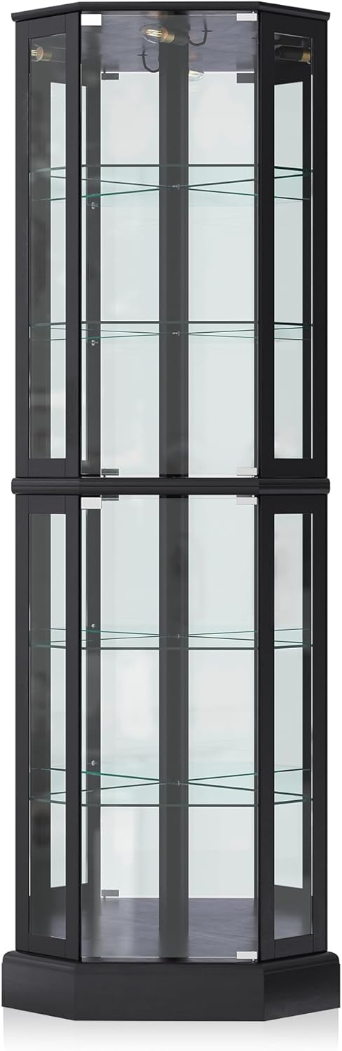 BELLEZE Lighted 3-Side Glass Display Curio Cabinet with Tempered Glass Doors and Shelves, Curved Wood Corner Cabinet with Bulb, Corner Curio Storage Rack for Bar and Liquor Storage - Ashfield (Black)