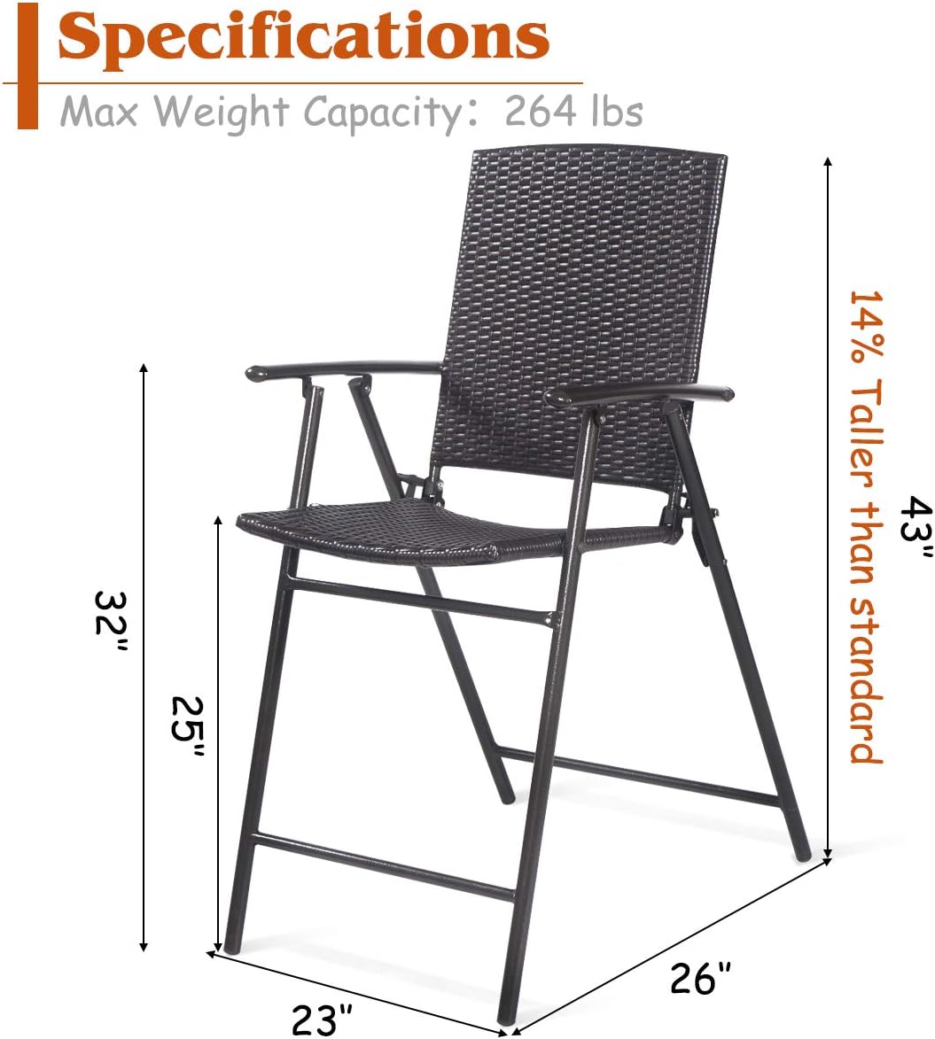 HAPPYGRILL Folding Wicker Rattan Bar Chairs Set of 4, Patio Tall Stool with Back, Steel Frame, Armrests and Footrest Bar Chairs for Garden Patio Furniture Set