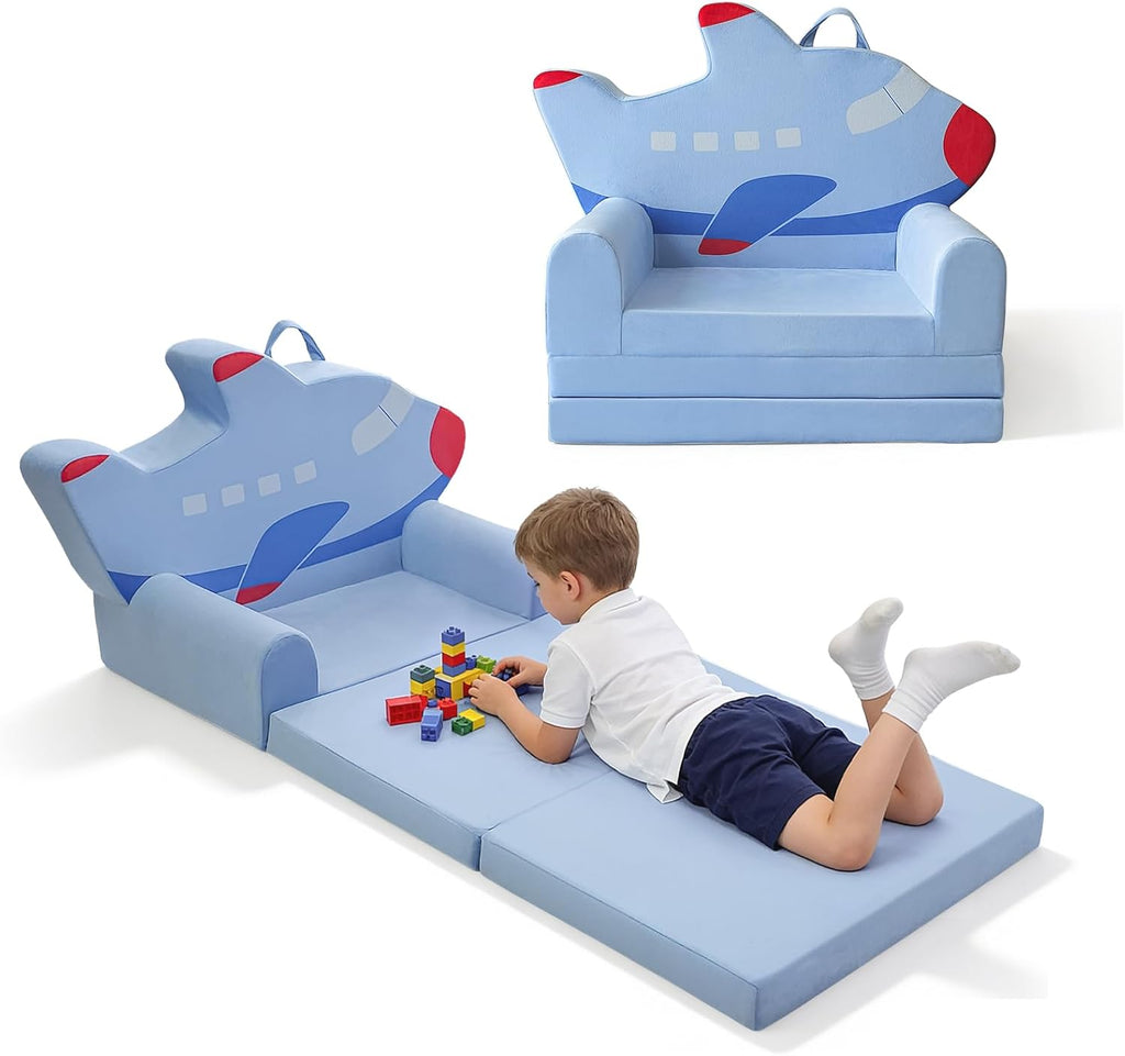 Toddler Couch 2 in 1 Flip-Out Kids Couch, Fold Out Foam Kids Sofa with Soft Washable Cover, Airplane Design for Playroom
