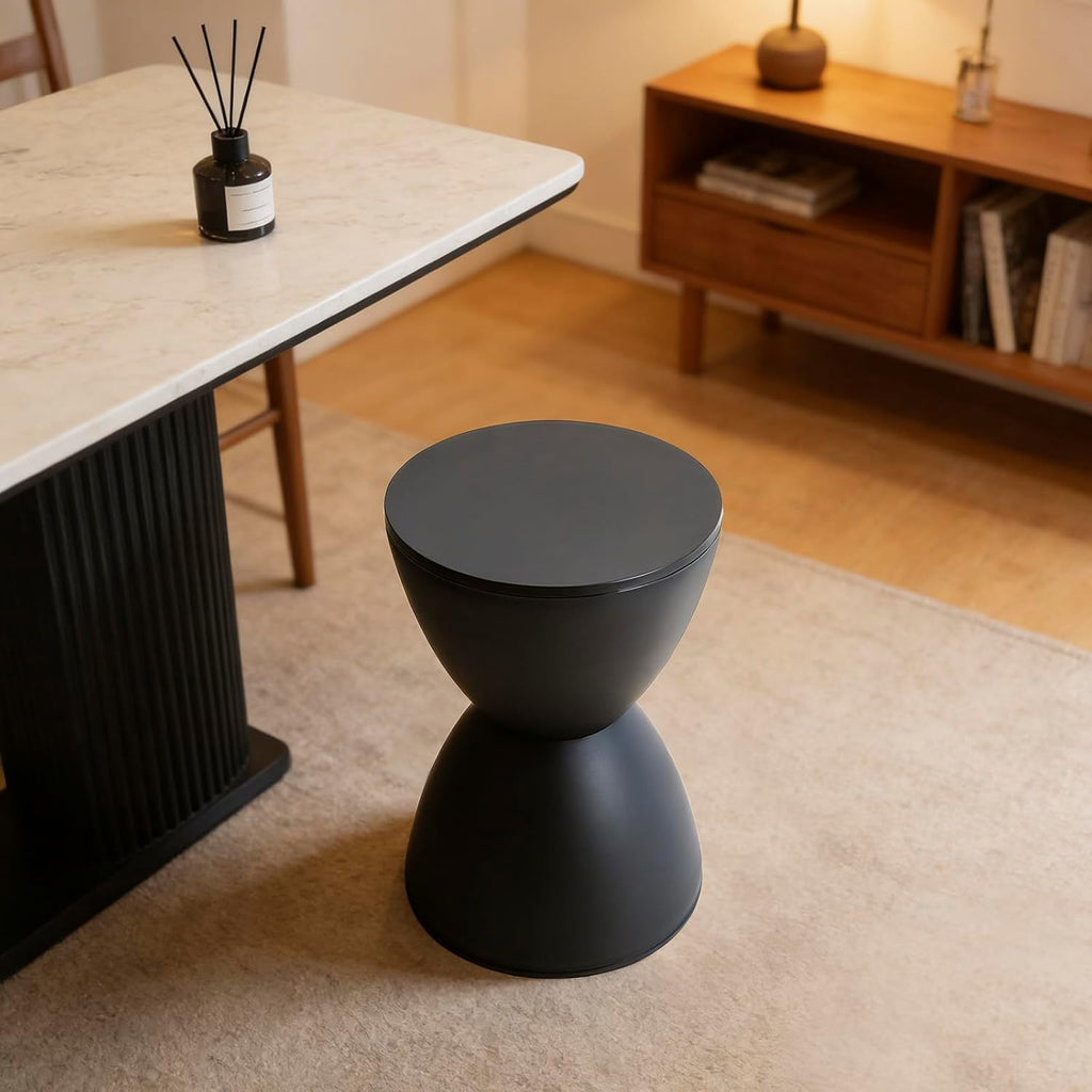 Small Plastic Drum Side Table Plastic Hourglass Modern End Table Round Outdoor Stool Side Table for Coffee Patio Indoor Home Bedroom, 11.81 * 16.93 in, Black