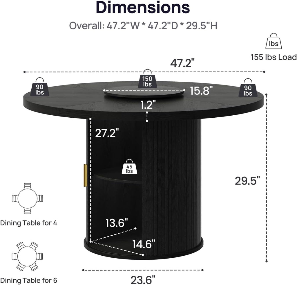 47" Round Dining Table for 6 with Storage (Table Only), Sleek Black Wood Grain, Modern Fluted Ribbed Pedestal, Hidden Cabinet & Lazy Susan, Minimalist Design