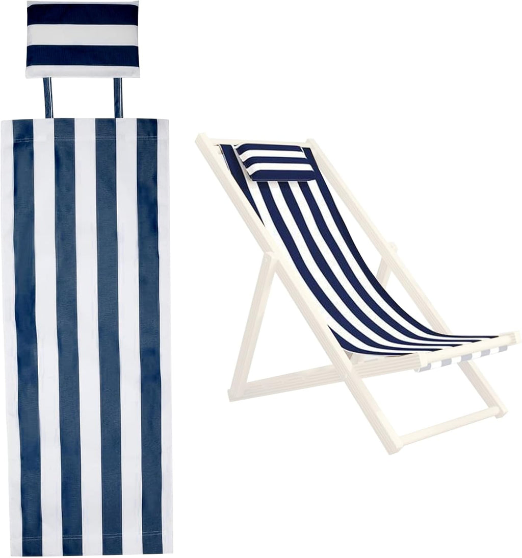 Patio Chair Replacement Fabric, Folding Sling Chair Replacement Fabric with Pillowcase, Blue and White Stripes Patio Chair Sling Replacement for Home Beach Balcony Style 1