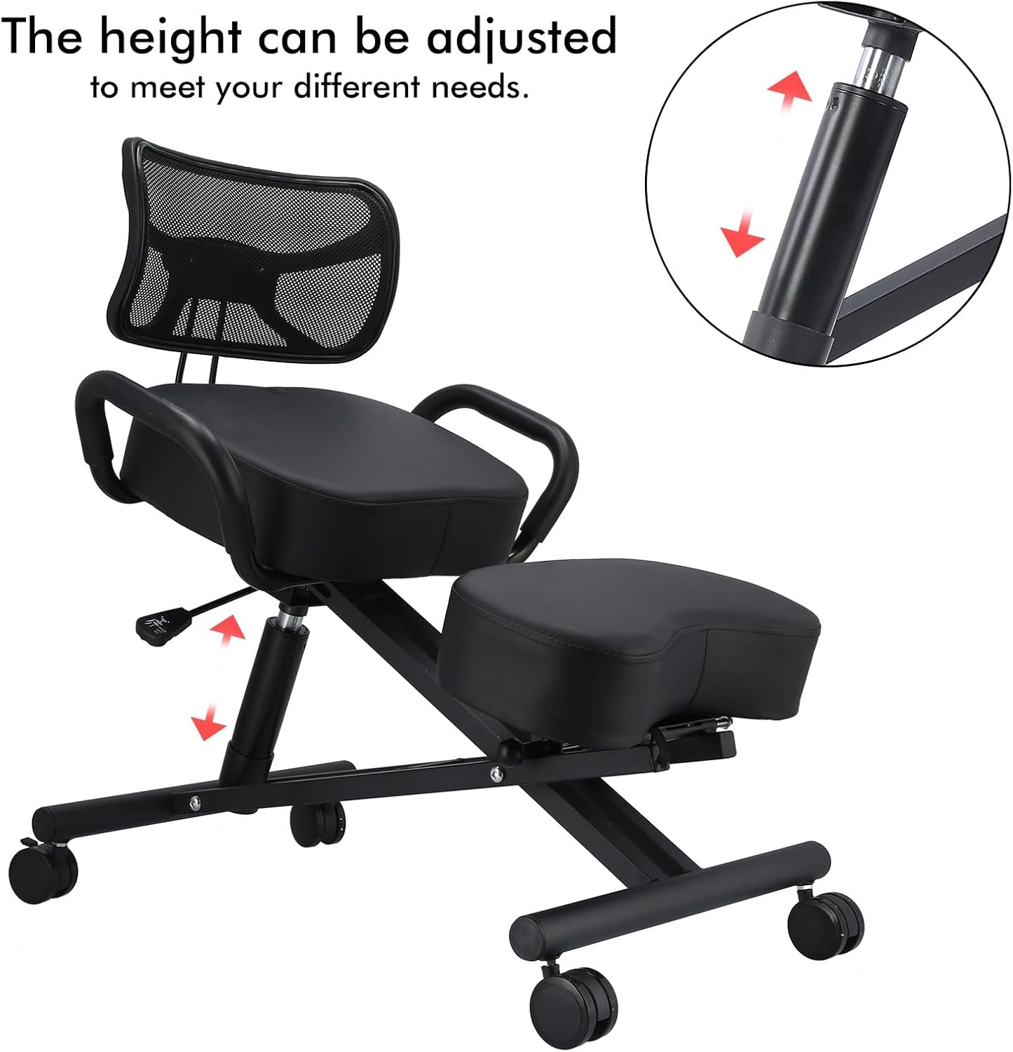Ergonomic Height Adjustable Breathable Kneeling Chair Back Support Kneeling Chair with Leather Cushion Comfortable Mesh Backrest, Spine Alignment Support