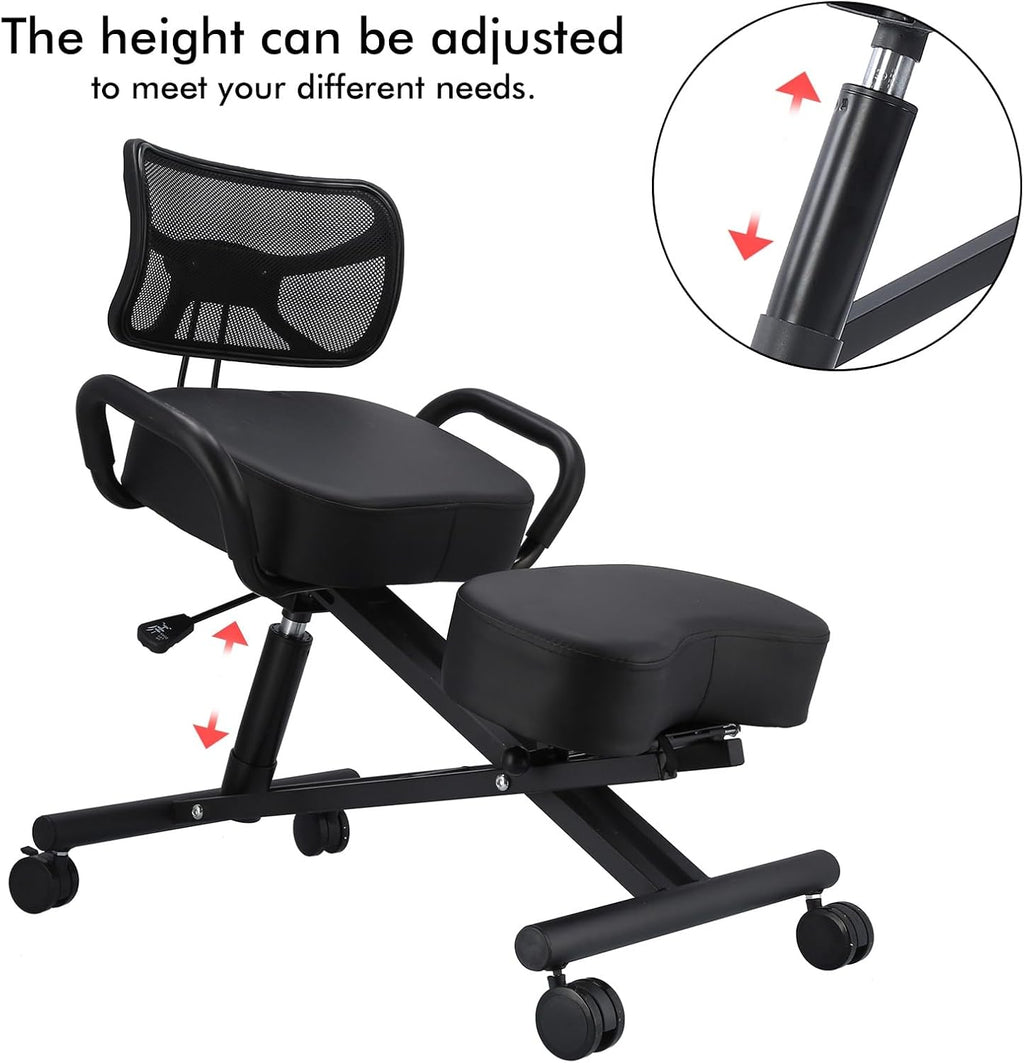 Height Adjustable Ergonomic Kneeling Chair, Breathable Mesh Back Leather Cushion Spine Alignment Multi Angle Adjustment for Home Office Study Working Relaxation Shoulder