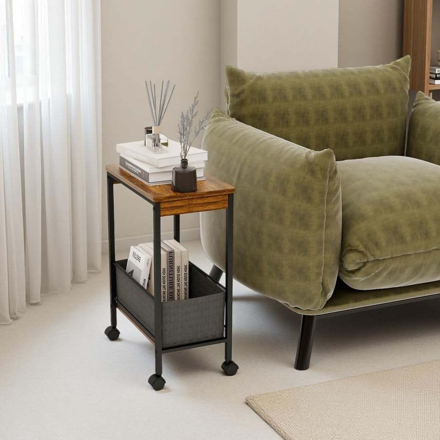 Rustic Brown Rolling Side Table with Storage Basket, Narrow End Table on Wheels for Small Spaces, 15.75" D x 9.84" W x 22.05" H Sofa Side Table with Fabric Bin for Living Room and Bedroom