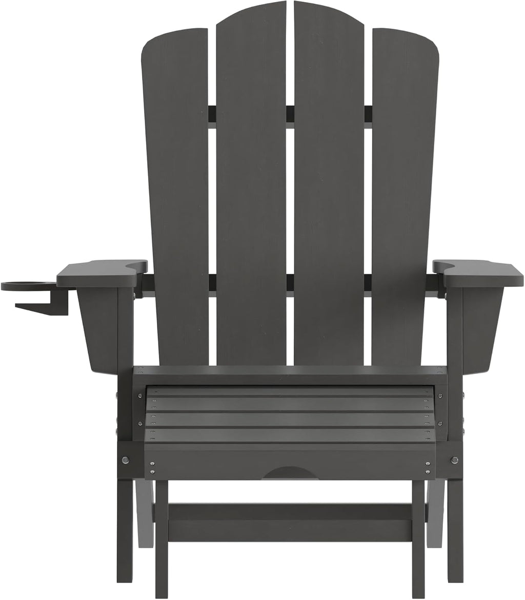 Flash Furniture Newport Adirondack Cup Holder and Pull Out Ottoman, All-Weather HDPE Indoor/Outdoor Lounge Chair, Set of 2, Gray