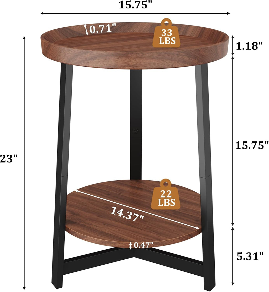 Industrial 2 Tier Round Side Table with Storage Shelf,Accent Tray End Table with Triangular Metal Support, Nightstand Bedside Sofa Table for Living Room, Bedroom, Balcony, Cherry