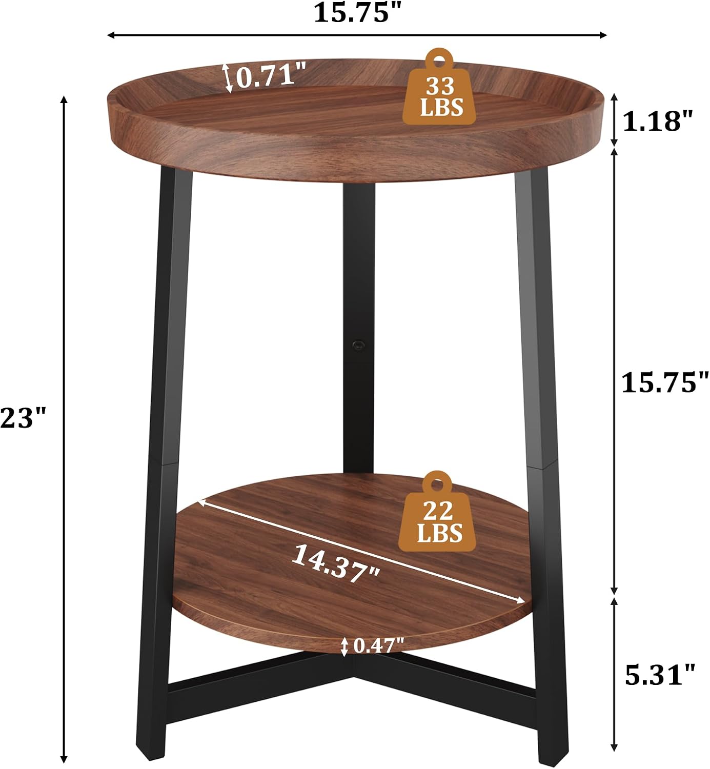 Industrial 2 Tier Round Side Table with Storage Shelf,Accent Tray End Table with Triangular Metal Support, Nightstand Bedside Sofa Table for Living Room, Bedroom, Balcony, Cherry