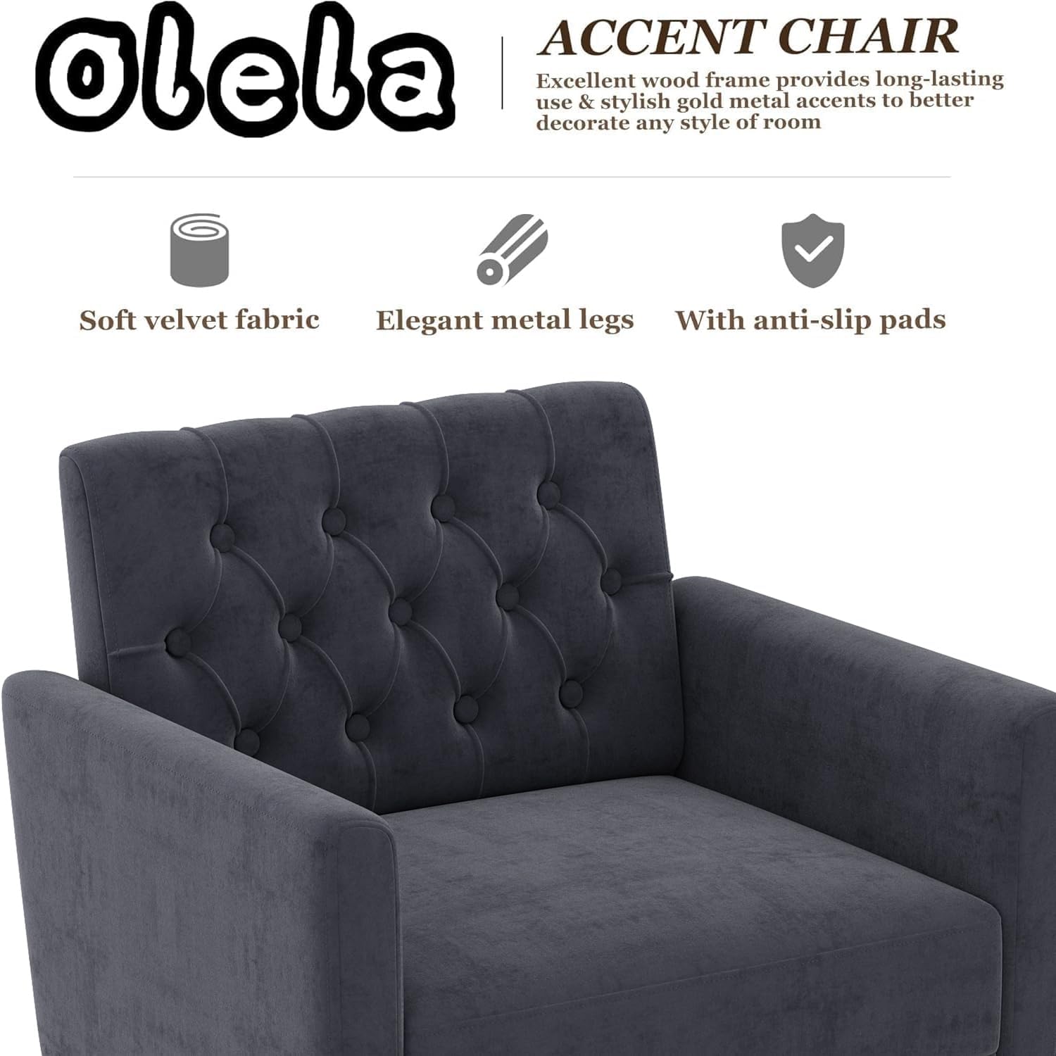 Olela Accent Chair with Arm for Living Room, Velvet Modern Armchair Single Sofa Cozy Tufted Upholstered Reading Side Chairs with Gold Metal Leg for Bedroom Decorate, Black