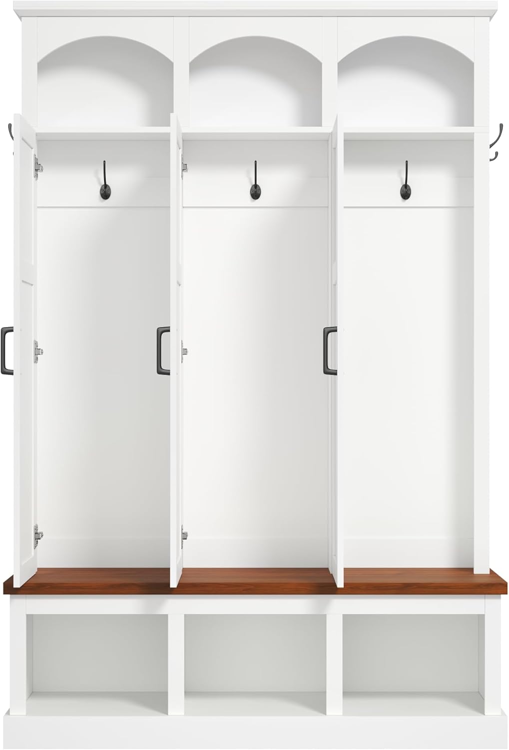 LUMISOL Farmhouse Hall Tree with 3 Hidden Storage for Hallway, Arched Design Mudroom Organizer with Walnut Bench, All-in-One Entryway Bench with Shoe Storage and 5 Hooks, White