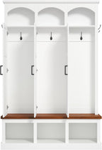 LUMISOL Farmhouse Hall Tree with 3 Hidden Storage for Hallway, Arched Design Mudroom Organizer with Walnut Bench, All-in-One Entryway Bench with Shoe Storage and 5 Hooks, White