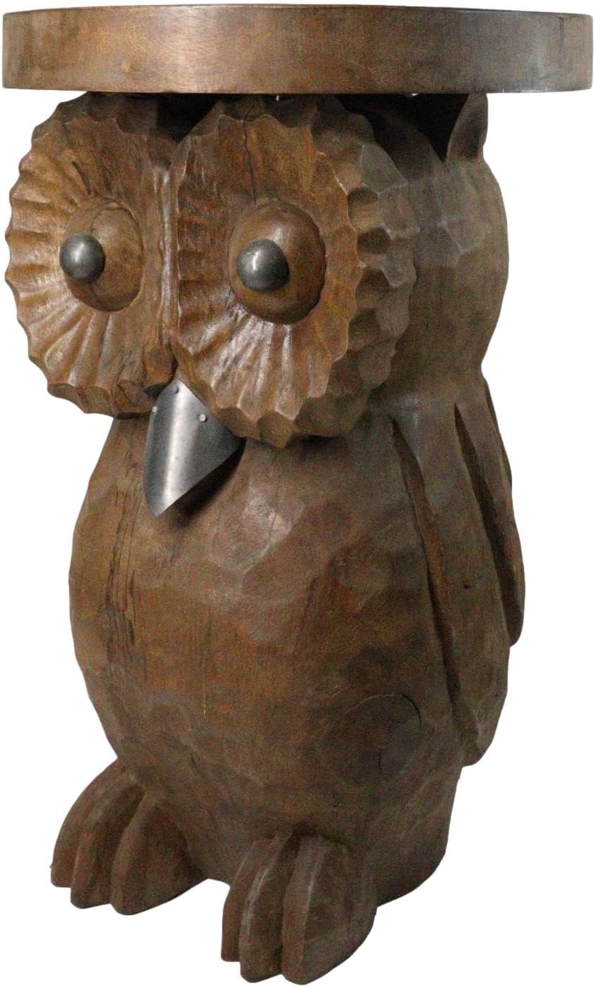 Ebros Gift Hand Carved Whimsical Wise Owl Round Top Sculptural Side Table Made of Mango Wood 18" Tall Home Office Decor Furniture