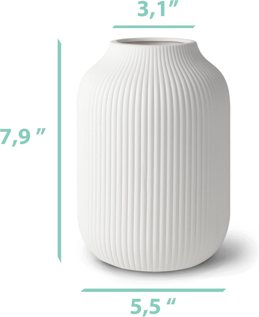 flature Ceramic Vase with Grooves - Waterproof Flower Vase in Matte White for Fresh Flowers, Dried Flowers, Pampas Grass, Large 7.9" Tall Vase as a Gift, Decoration for Living Room, Bedroom, Office.